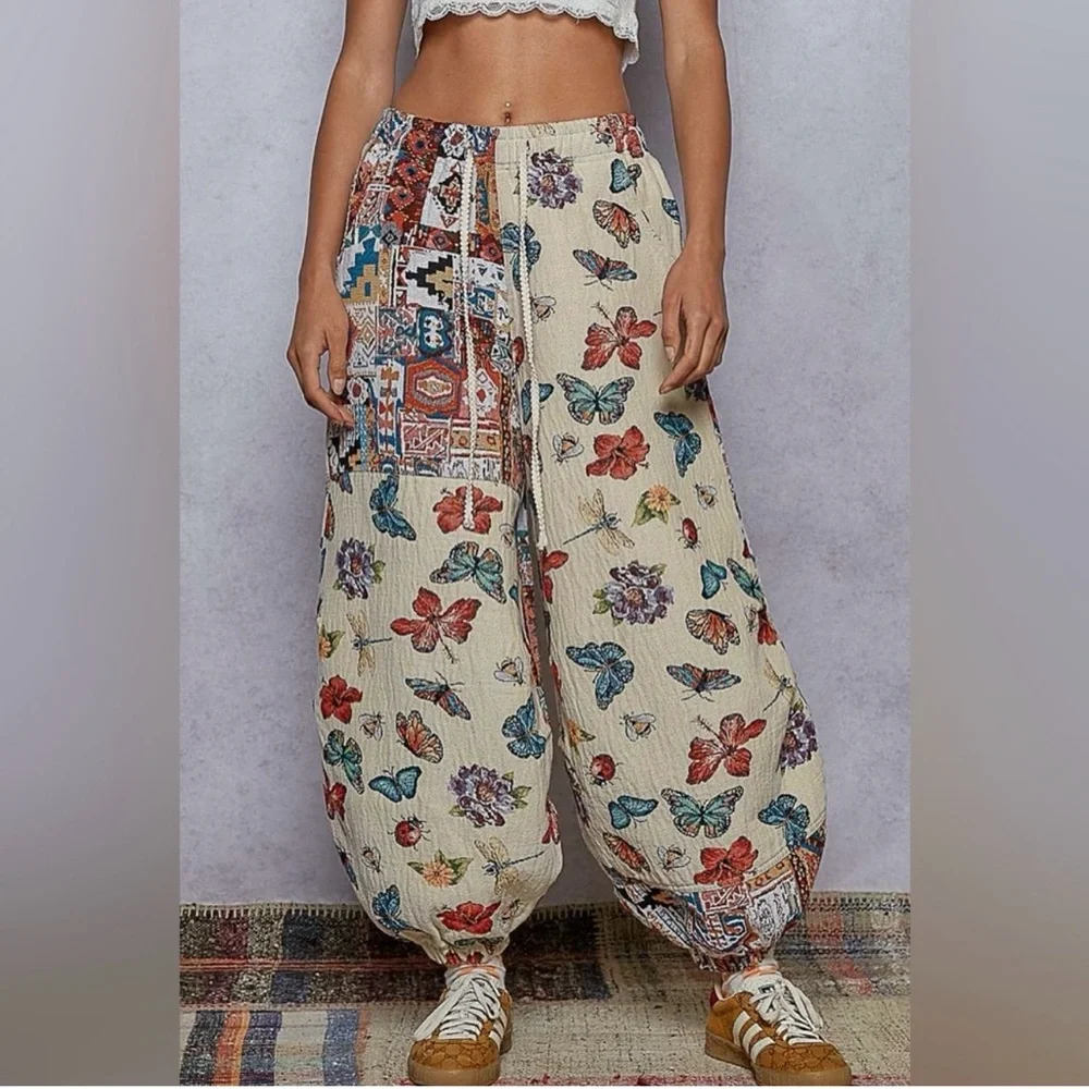 290 - POL Multicolor Butterfly and Floral Patchwork Joggers - Picture 1 of 6